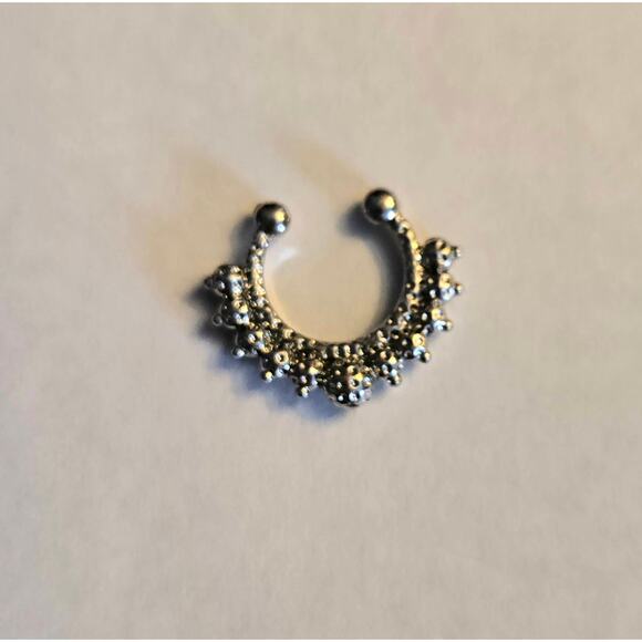 Faux Septum Silver Toned Ring with 11 Rhinestones - Picture 2 of 4